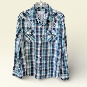Buckle Pop Icon Sz Large Mens Plaid Pearl Snap Embroidered Western Rodeo Grunge